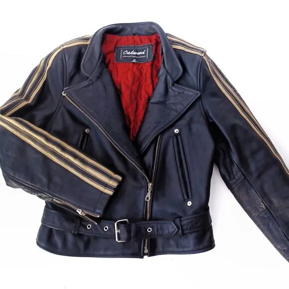 Vintage Y2K Black Leather Biker Jacket Moto Streetwear Parisian Racing Style EUC