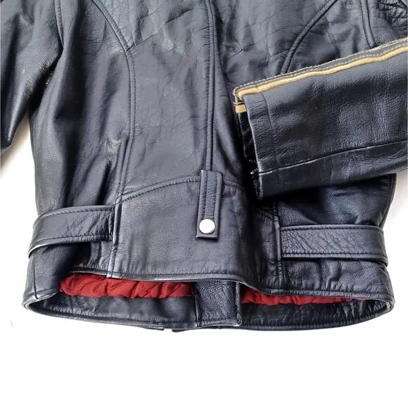 Vintage Y2K Black Leather Biker Jacket Moto Streetwear Parisian Racing Style EUC