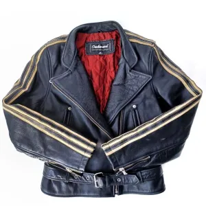 Vintage Y2K Black Leather Biker Jacket Moto Streetwear Parisian Racing Style EUC