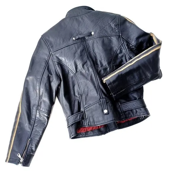 Vintage Y2K Black Leather Biker Jacket Moto Streetwear Parisian Racing Style EUC