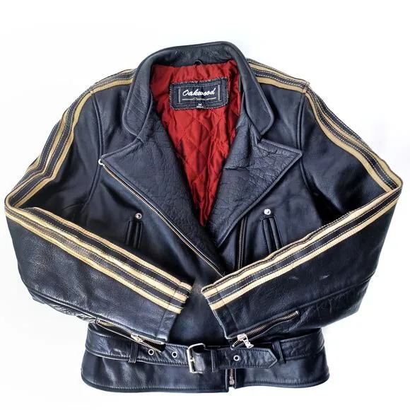 Vintage Y2K Black Leather Biker Jacket Moto Streetwear Parisian Racing Style EUC