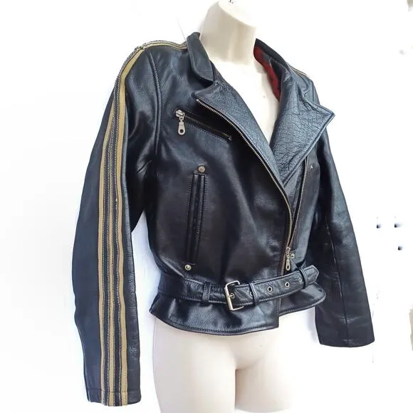 Vintage Y2K Black Leather Biker Jacket Moto Streetwear Parisian Racing Style EUC