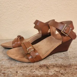 Vionic Laurie Brown Wedge Leather Sandals, Sz 7