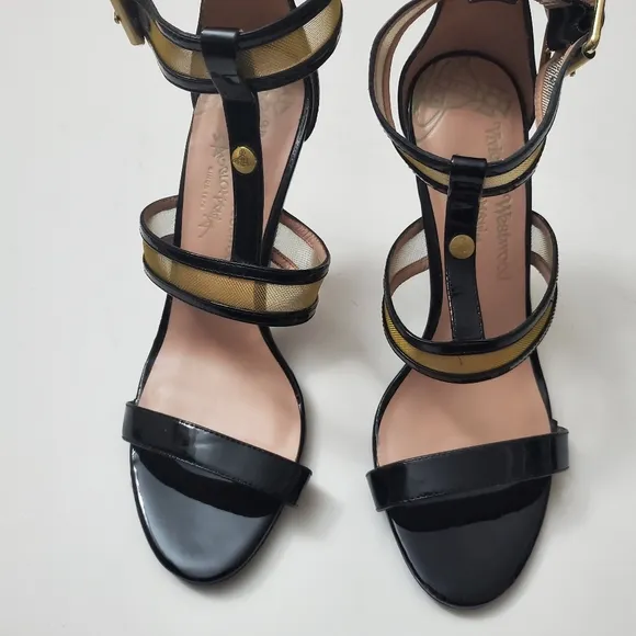 Vivienne Westwood Sandals Patent Leather Black and gold Sz 39. Unused