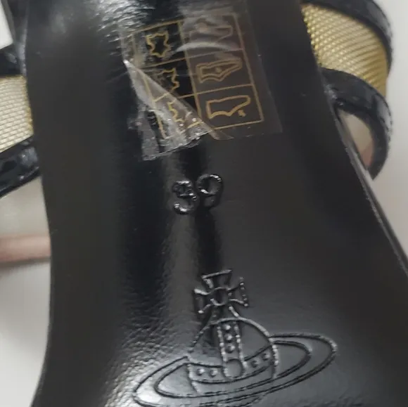 Vivienne Westwood Sandals Patent Leather Black and gold Sz 39. Unused