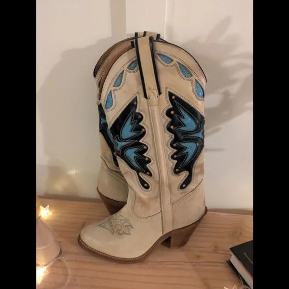 Vtg Britney Spears MissCapezio Tan Blue Monarcha Butterfly Cowgirl Boots 6.5