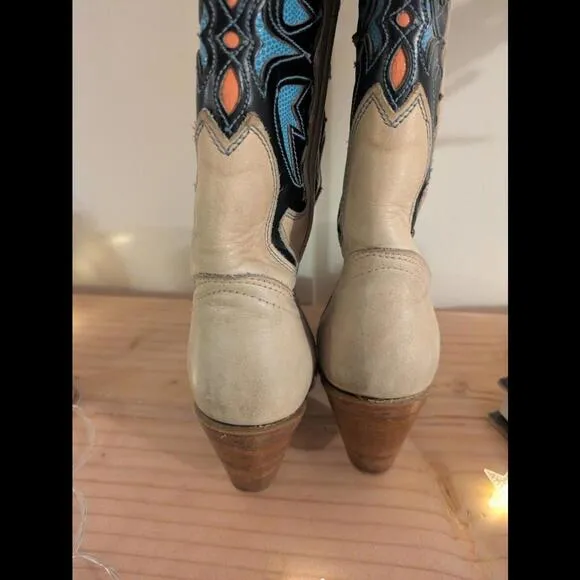 Vtg Britney Spears MissCapezio Tan Blue Monarcha Butterfly Cowgirl Boots 6.5