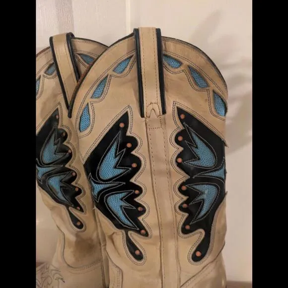 Vtg Britney Spears MissCapezio Tan Blue Monarcha Butterfly Cowgirl Boots 6.5