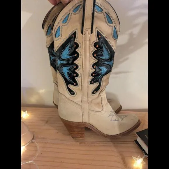 Vtg Britney Spears MissCapezio Tan Blue Monarcha Butterfly Cowgirl Boots 6.5