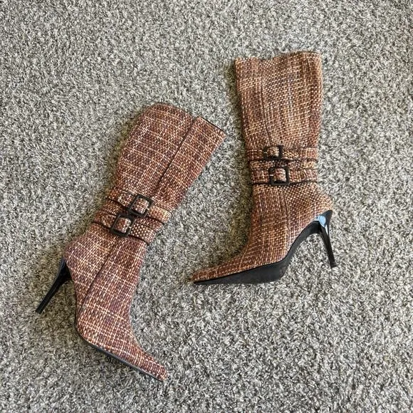 VTG Kiks Heeled Boots Pointed Toe Buckle Zip Tweed Knit Classic 90s Chic 8 New