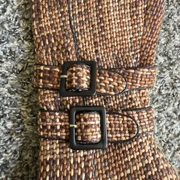 VTG Kiks Heeled Boots Pointed Toe Buckle Zip Tweed Knit Classic 90s Chic 8 New