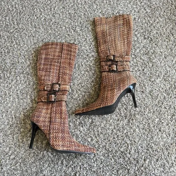 VTG Kiks Heeled Boots Pointed Toe Buckle Zip Tweed Knit Classic 90s Chic 8 New