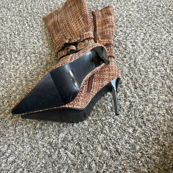 VTG Kiks Heeled Boots Pointed Toe Buckle Zip Tweed Knit Classic 90s Chic 8 New
