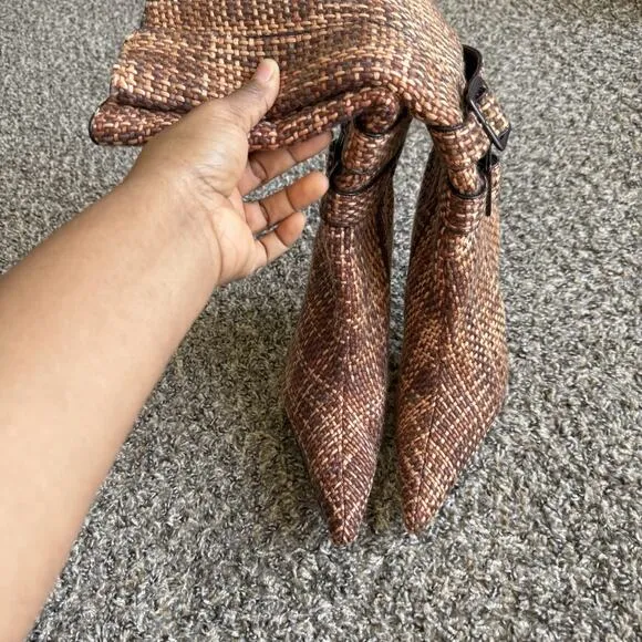 VTG Kiks Heeled Boots Pointed Toe Buckle Zip Tweed Knit Classic 90s Chic 8 New