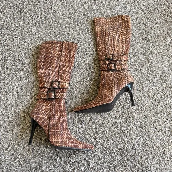 VTG Kiks Heeled Boots Pointed Toe Buckle Zip Tweed Knit Classic 90s Chic 8 New