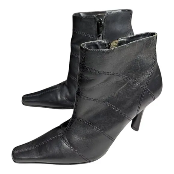 Vtg Y2K Diba Black Leather Seam Detail Pointed Toe Stiletto Ankle Boots Sz 9