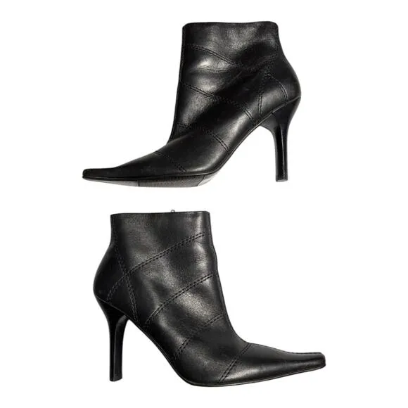 Vtg Y2K Diba Black Leather Seam Detail Pointed Toe Stiletto Ankle Boots Sz 9