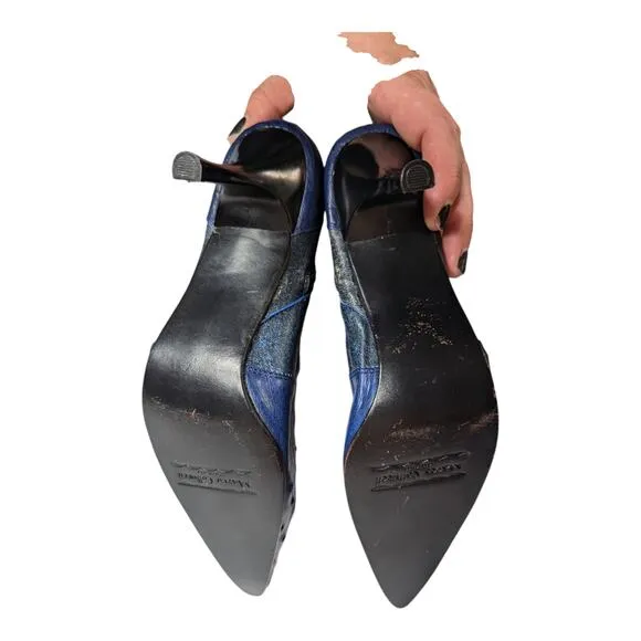 Vtg Y2K Marco Collucci Navy Ostrich Textured Pointed Toe Stiletto Ankle Boots 7