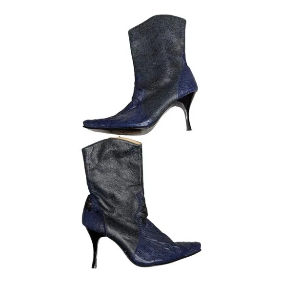 Vtg Y2K Marco Collucci Navy Ostrich Textured Pointed Toe Stiletto Ankle Boots 7