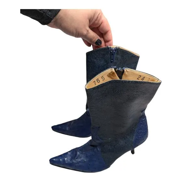 Vtg Y2K Marco Collucci Navy Ostrich Textured Pointed Toe Stiletto Ankle Boots 7