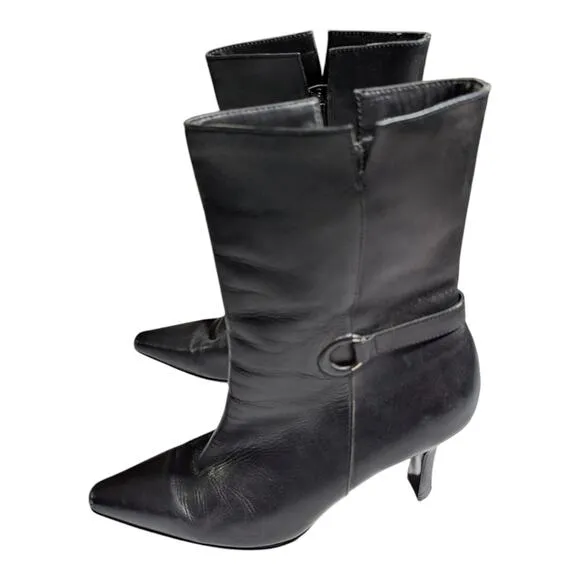 Vtg Y2K Victoria Spenser Black Leather Pointed Toe Midi Stiletto Ankle Boots 11