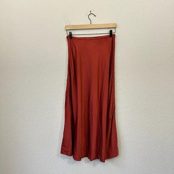 WHISTLES Satin Bias Cut Skirt A-Line Midi in Rust