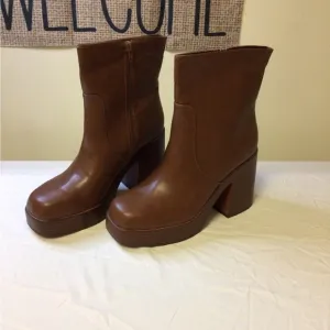 Wild Pair Brown Heeled Boots with Chunky Heel
