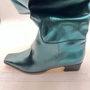 Women Knee High Boots Chunky Low Heel Tall Boots Faux Leather Boots Blue
