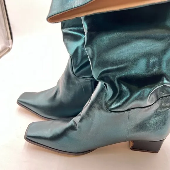 Women Knee High Boots Chunky Low Heel Tall Boots Faux Leather Boots Blue