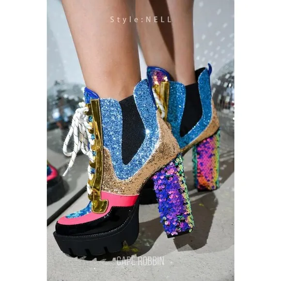 Women Multicolor Polyurethane Rhinestone Cowboy Ankle Boots