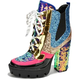 Women Multicolor Polyurethane Rhinestone Cowboy Ankle Boots