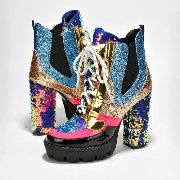 Women Multicolor Polyurethane Rhinestone Cowboy Ankle Boots