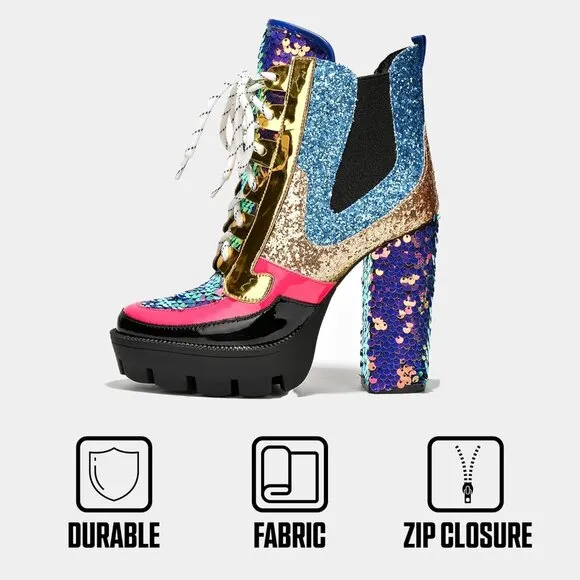 Women Multicolor Polyurethane Rhinestone Cowboy Ankle Boots