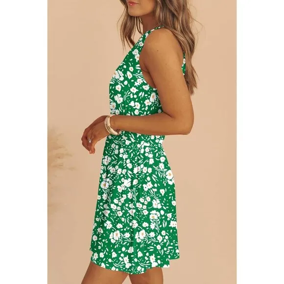 Women Summer Sundress Sleeveless Elastic Waist A-Line Ruffle Mini Swing Dresses
