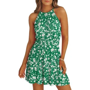 Women Summer Sundress Sleeveless Elastic Waist A-Line Ruffle Mini Swing Dresses