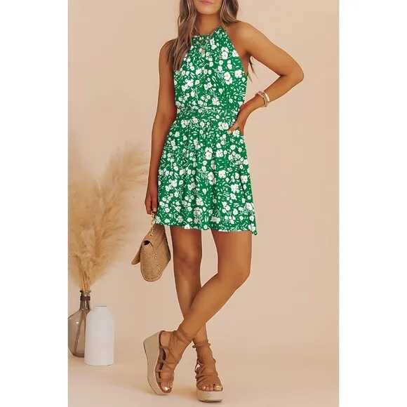 Women Summer Sundress Sleeveless Elastic Waist A-Line Ruffle Mini Swing Dresses
