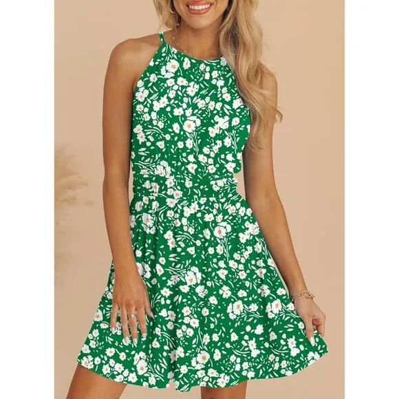 Women Summer Sundress Sleeveless Elastic Waist A-Line Ruffle Mini Swing Dresses