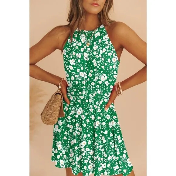 Women Summer Sundress Sleeveless Elastic Waist A-Line Ruffle Mini Swing Dresses