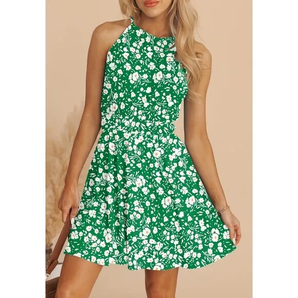 Women Summer Sundress Sleeveless Elastic Waist A-Line Ruffle Mini Swing Dresses