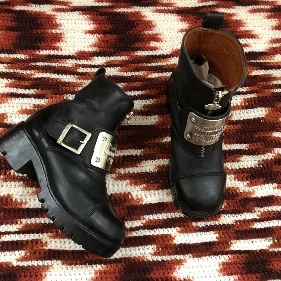 Women VTG Harley-Davidson Riding Boots Biker Motorcycle Silver Buckle Metal Logo