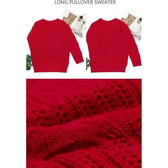 Womens 2024 Fall Long Chunky Sweaters Red