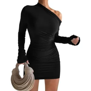 Women's Black Sexy Off The Shoulder Slope Neck Long Sleeve Ruched Mini Dress