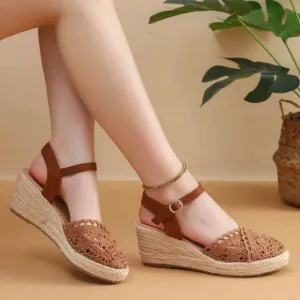 Women's High Heel Wedge Sandals With Thick Bottom, Lace-Up Straps, Silk Ribbon