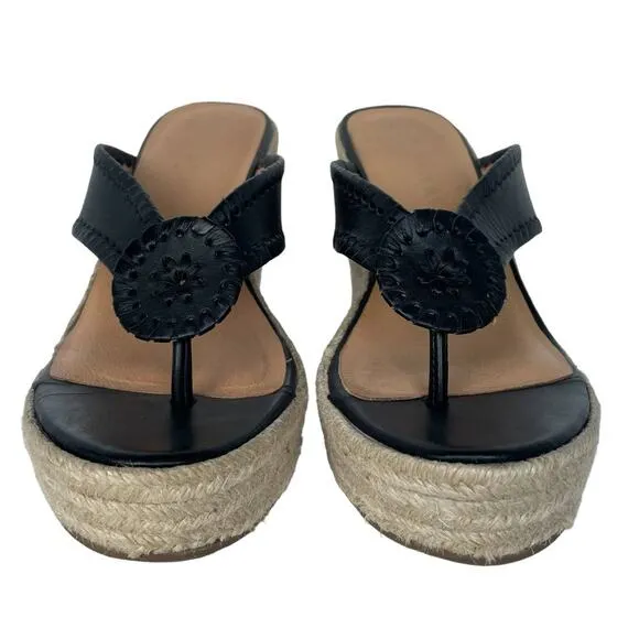 Women's Jack Rogers Black Rowan Slip-On Espadrille Wedge Slide Thong Sandal 9.5M