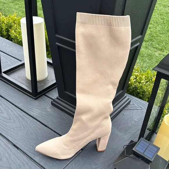 Women's Knee High Stretch Knit Chunky Heel Non-Slip Boots newbella 🆕apricot