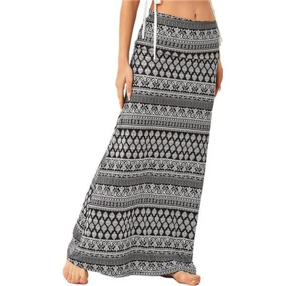 Womens Maxi Skirts Long Skirt for Women Black White Floral