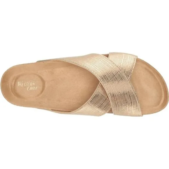 Women's Metallic Crossband Slide Sandals, Lightweight, Comfortable, Stylish