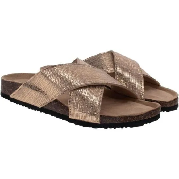 Women's Metallic Crossband Slide Sandals, Lightweight, Comfortable, Stylish