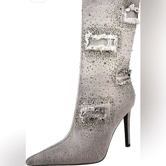 Women's Pointed Toe Denim Boots Stiletto Heel Glitter Mid-Calf Booties