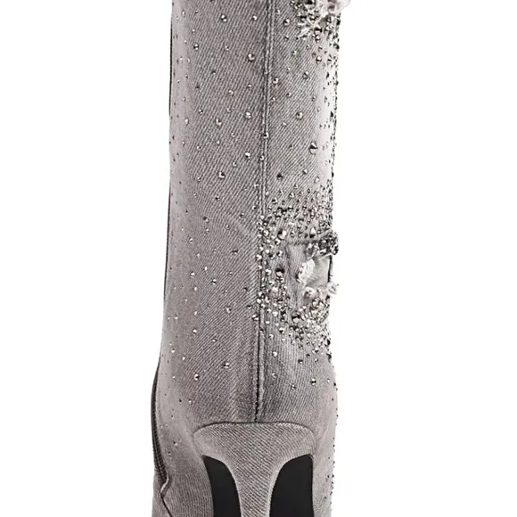 Women's Pointed Toe Denim Boots Stiletto Heel Glitter Mid-Calf Booties
